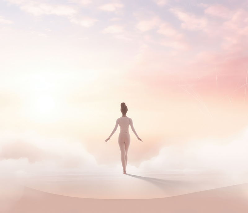 A woman is walking away in the far distance. She wears all pale pink clothes. All around her is bright white, pale paink, and touch of lavender clouds.