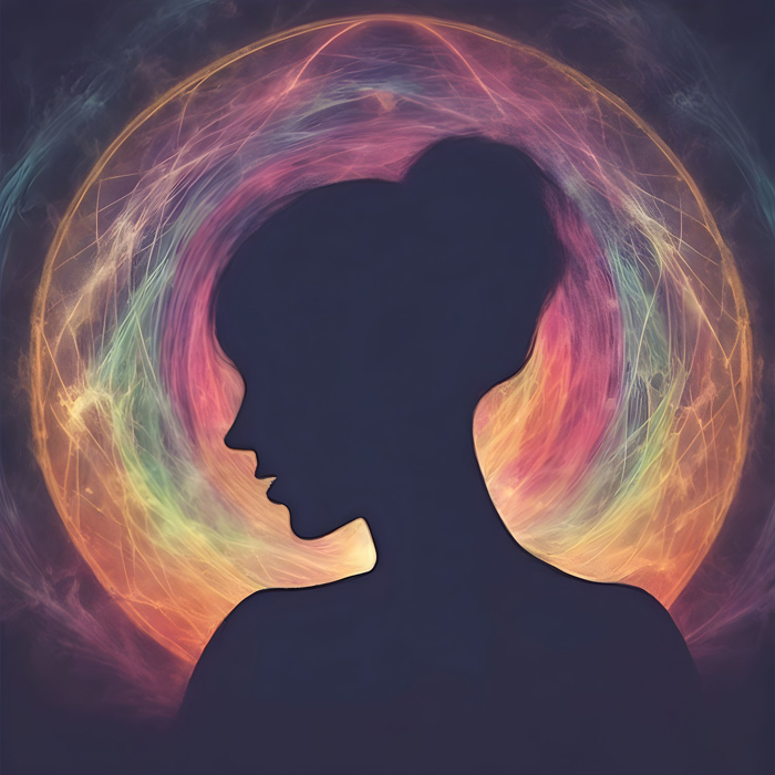 Silhouette of a woman[s profile with an aura of colors around her face.]